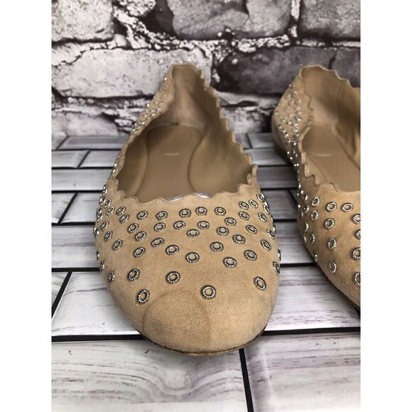 Chloe Beige Suede Leather Scalloped Perforated Stud Ballet Flats Women Sz 40EU/9 - Picture 3 of 16